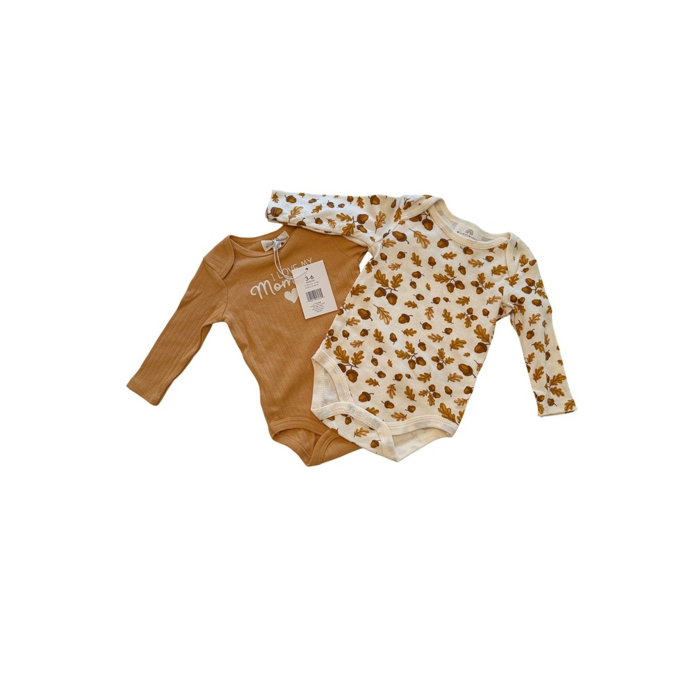 Willow + Whimsy Bodysuit Set Baby 3-6M Yellow White New Acorn Ribbed 2 Pack
